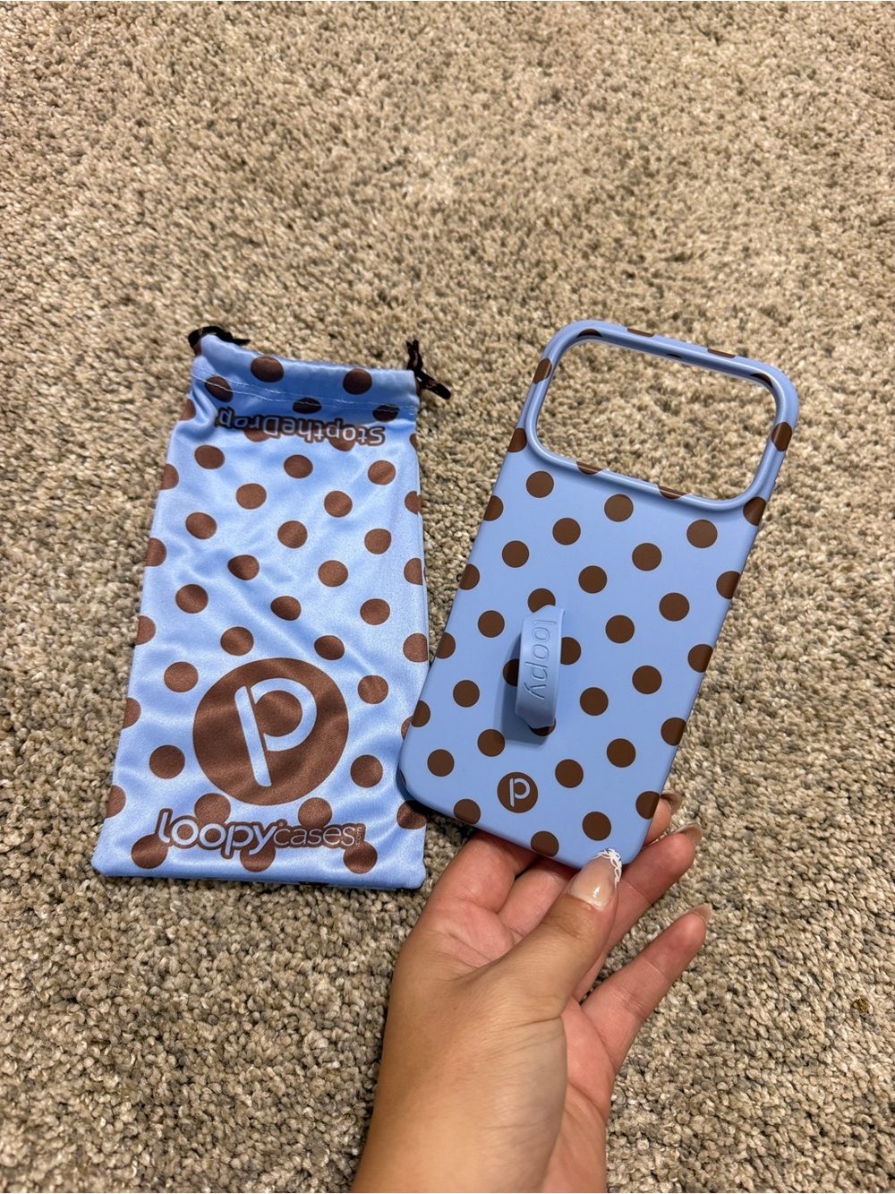 Loopy Case Light Blue Phone Case with Brown Polka Dots and Built-In Loop